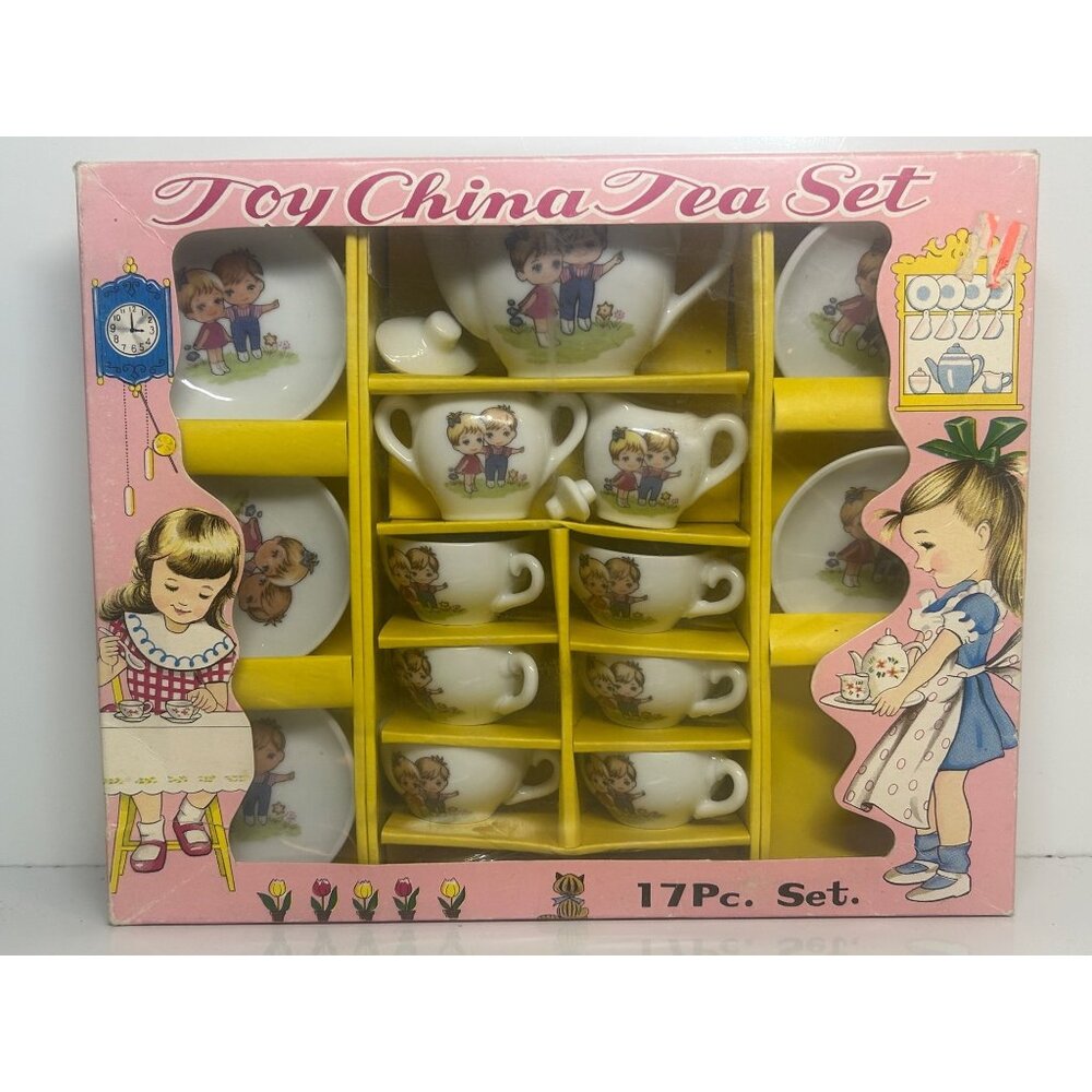 Vintage Toy China Tea Set With Box - Made In Japan - Adorable Child Graphics